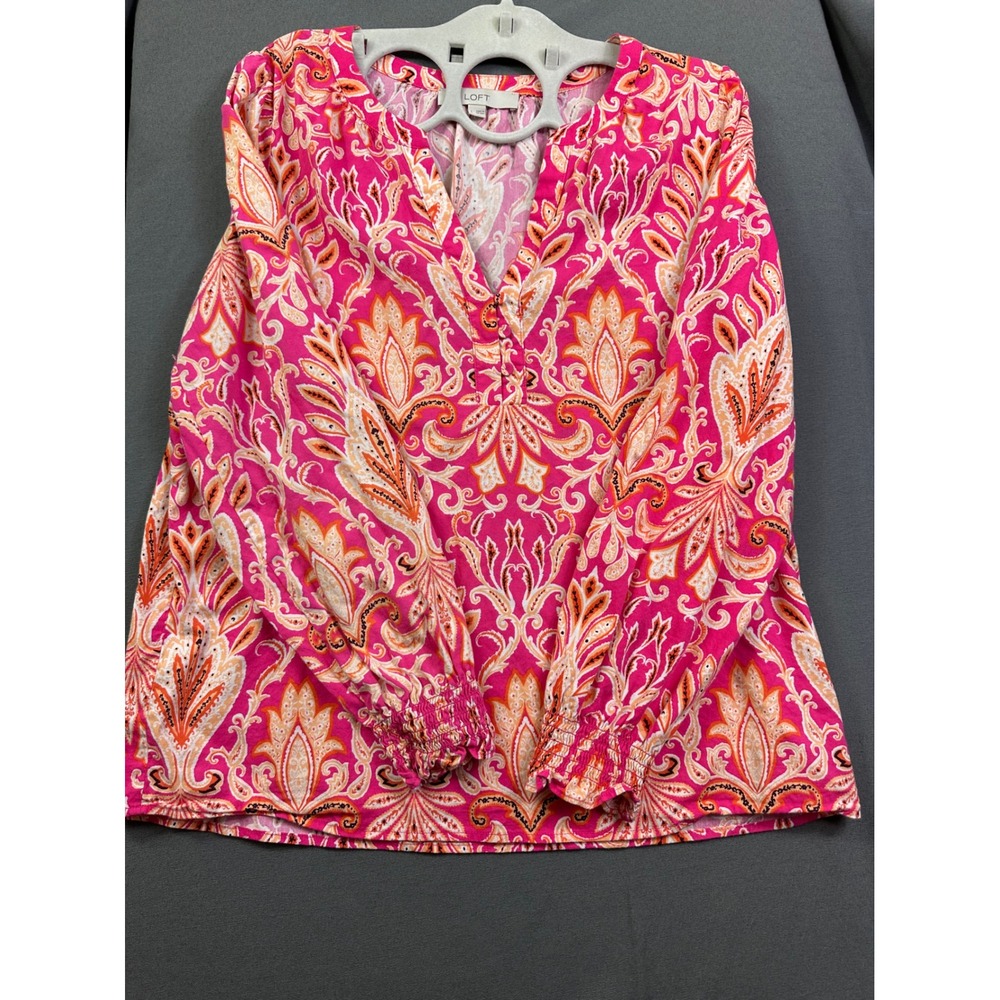 Loft Pink Orange Paisley Damask V-Neck Blouse Smocked Cuff Long Sleeve Large